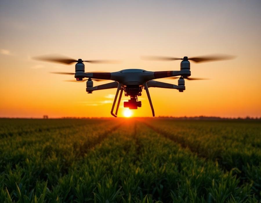 Drone spraying a field at sunset